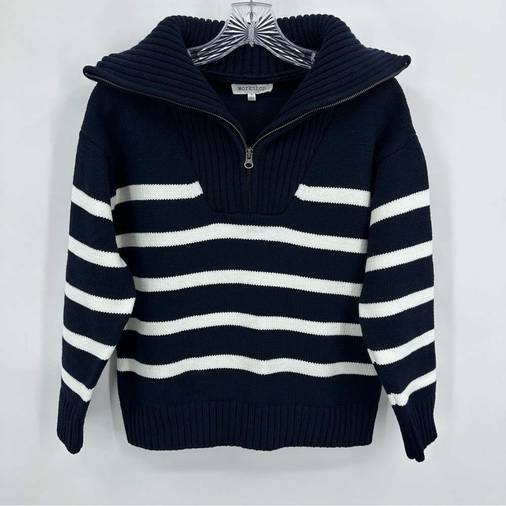 Workshop Republic Clothing 1/4 Zip Stripe Sweater Cotton Blend Navy Blue Size